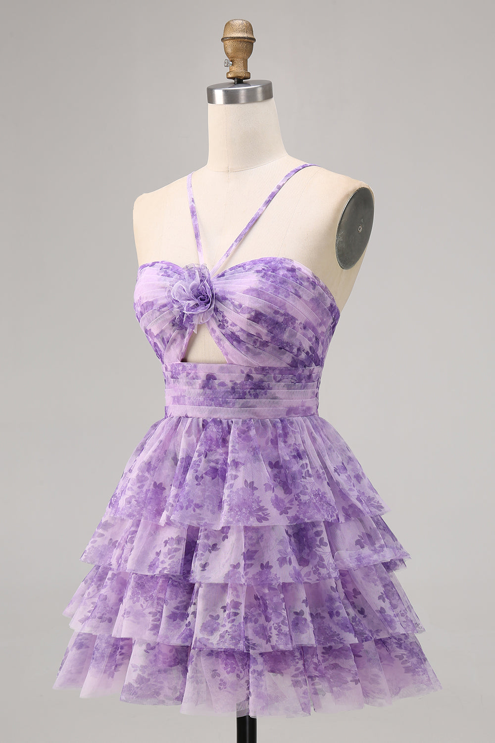 Purple A Line Keyhole Tiered Floral Short Homecoming Dress with Ruffles