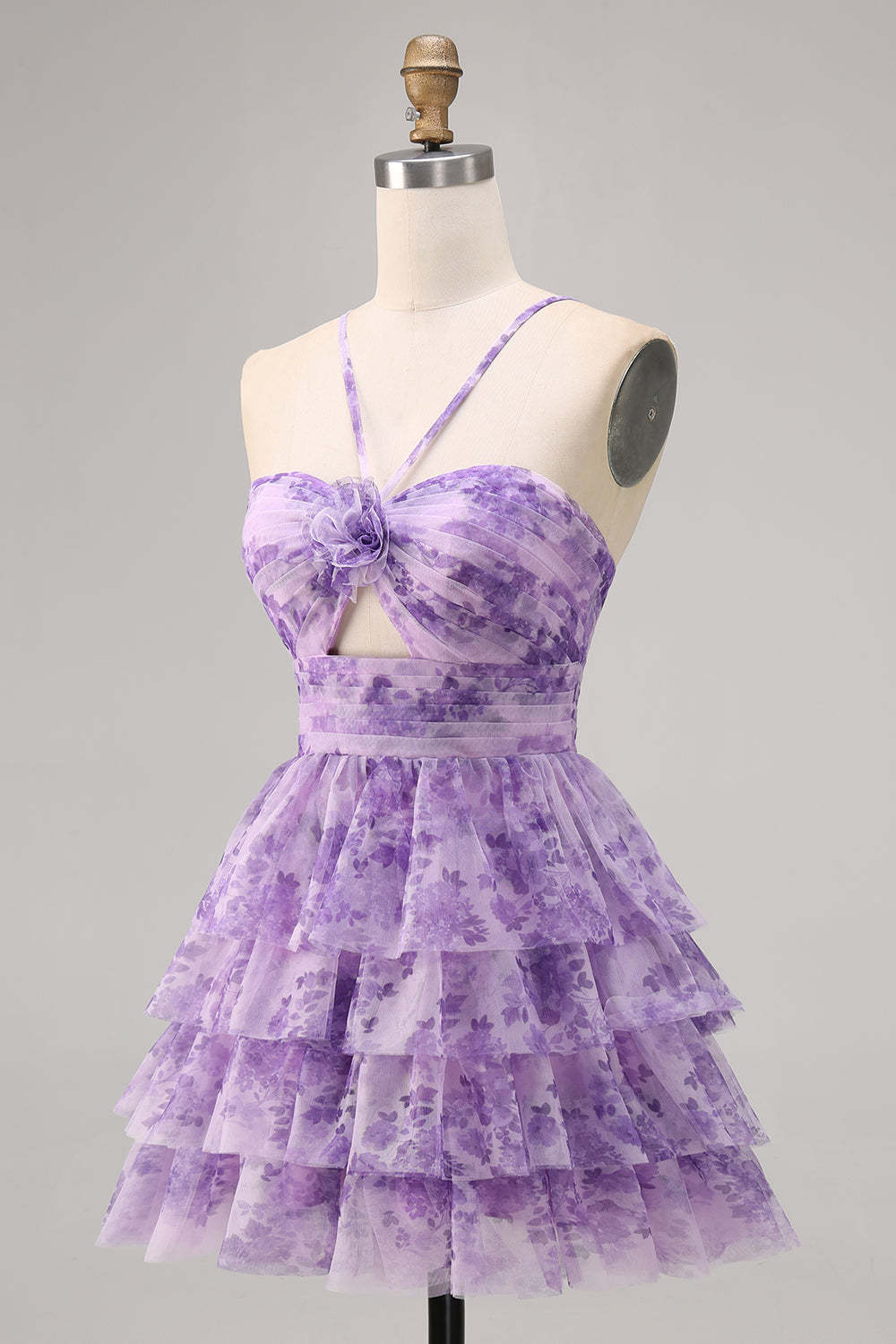 Purple A Line Keyhole Tiered Floral Short Homecoming Dress with Ruffles