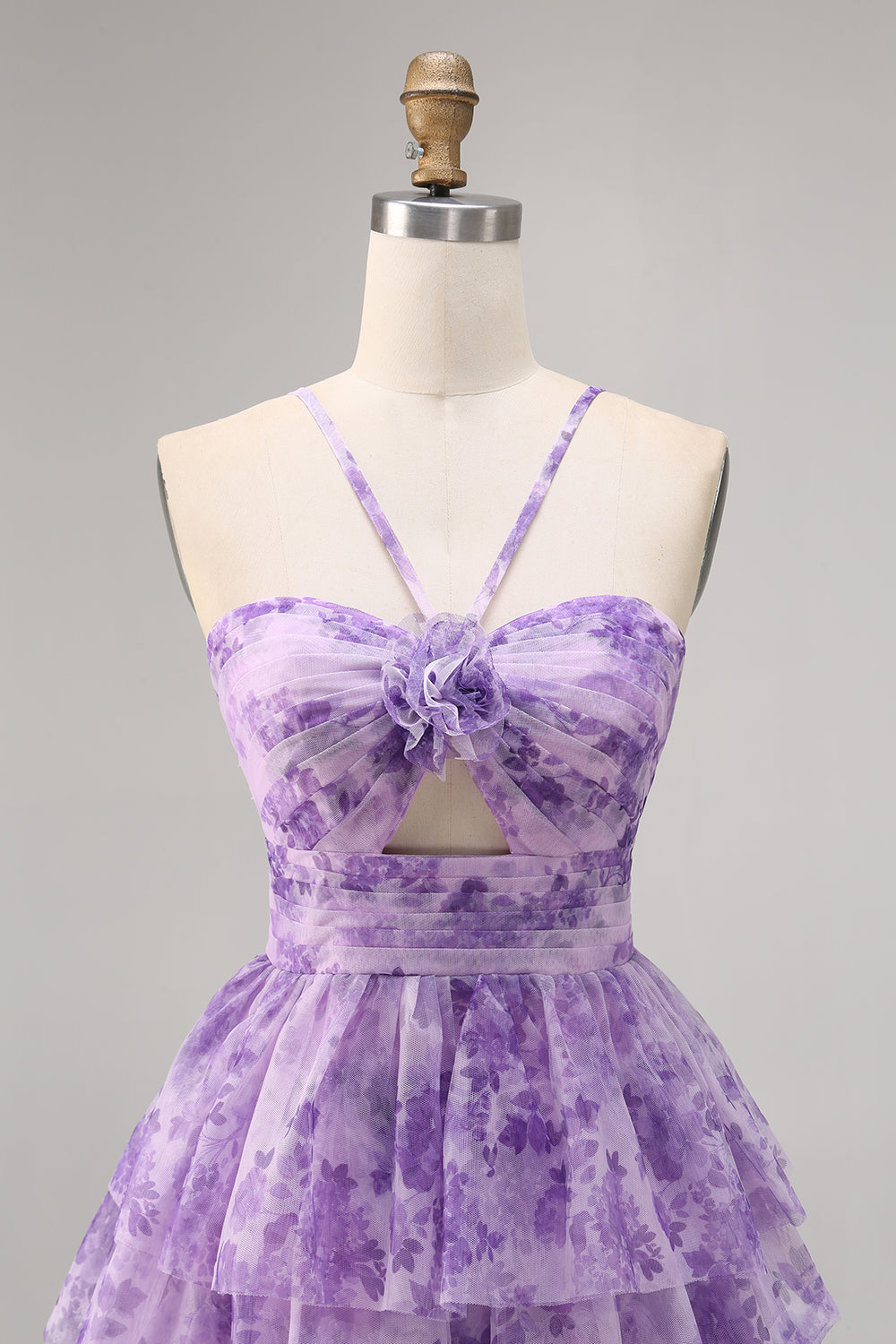 Purple A Line Keyhole Tiered Floral Short Homecoming Dress with Ruffles