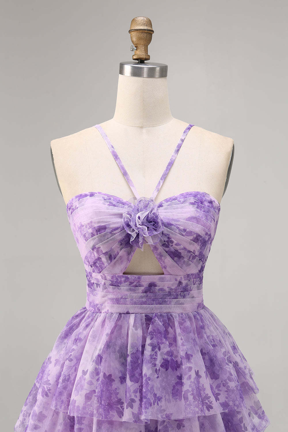 Purple A Line Keyhole Tiered Floral Short Homecoming Dress with Ruffles