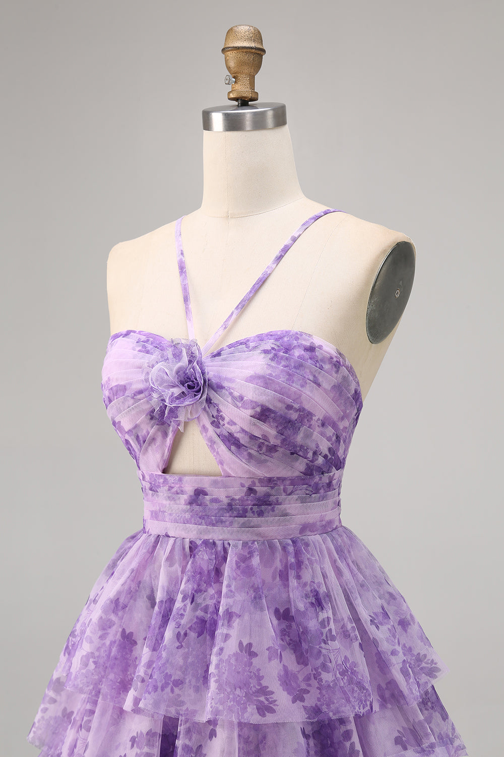 Purple A Line Keyhole Tiered Floral Short Homecoming Dress with Ruffles