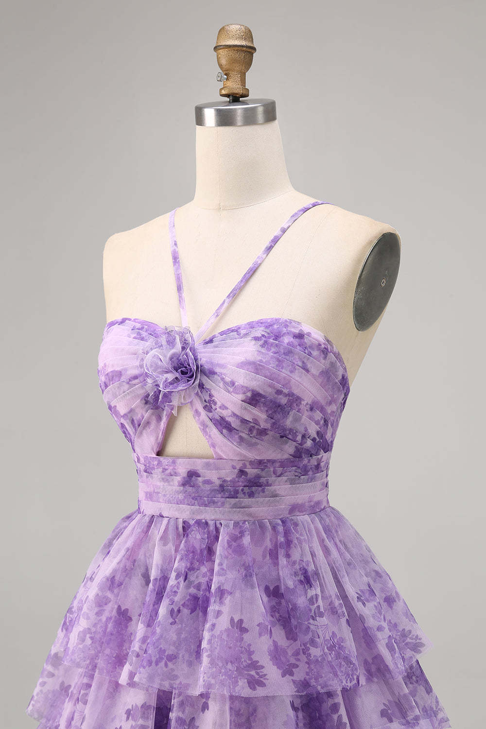 Purple A Line Keyhole Tiered Floral Short Homecoming Dress with Ruffles