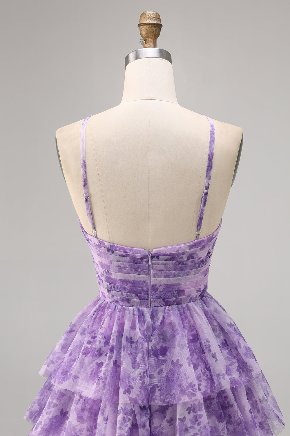 Purple A Line Keyhole Tiered Floral Short Homecoming Dress with Ruffles