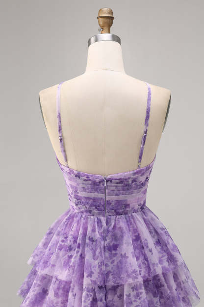 Purple A Line Keyhole Tiered Floral Short Homecoming Dress with Ruffles