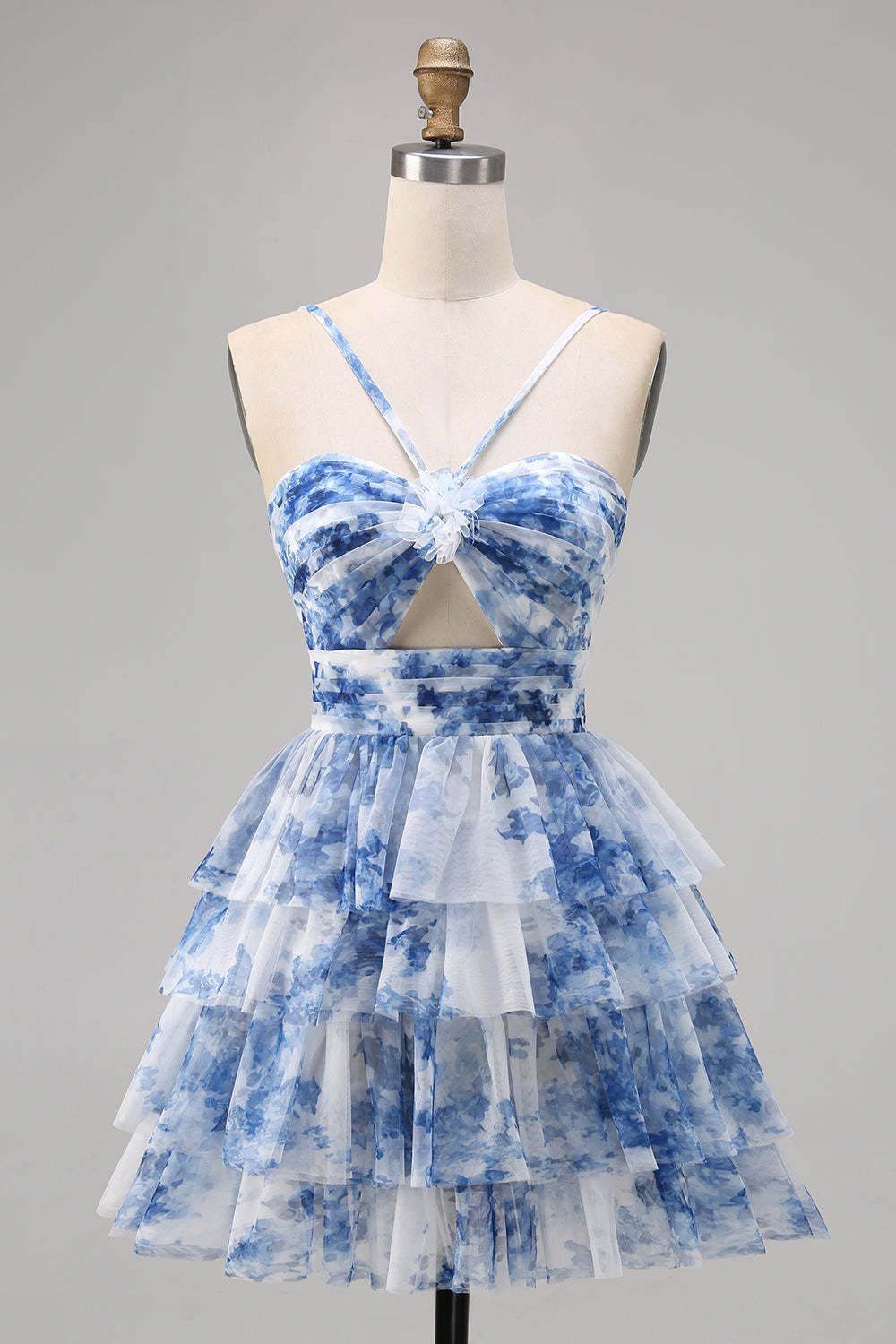 Purple A Line Keyhole Tiered Floral Short Homecoming Dress with Ruffles