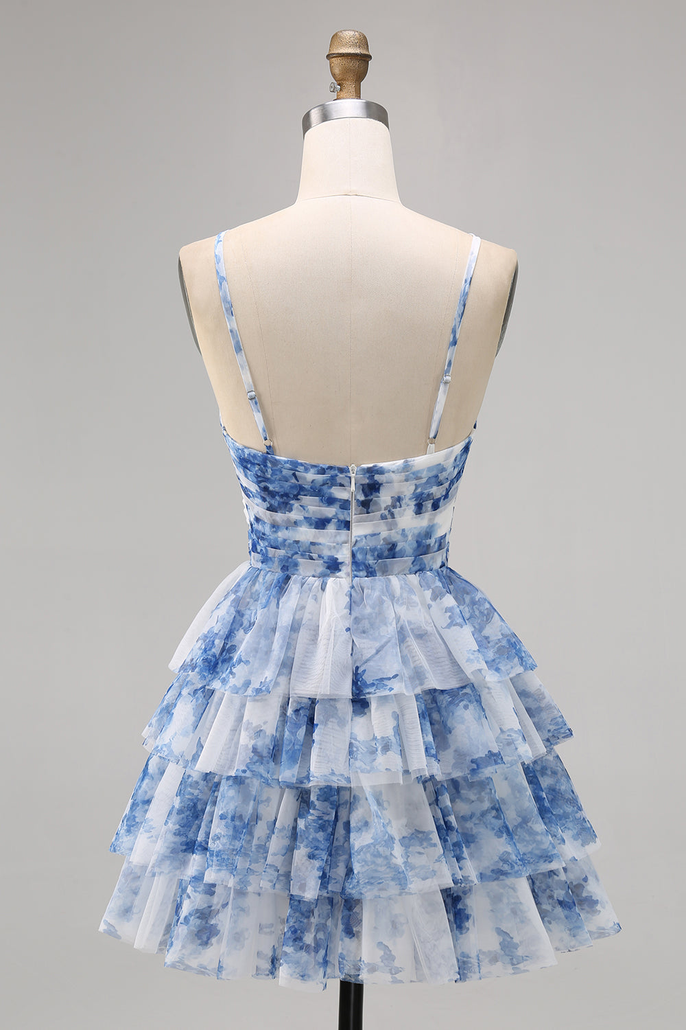White Blue Flower A Line Short Tiered Floral Homecoming Dress with Ruffles