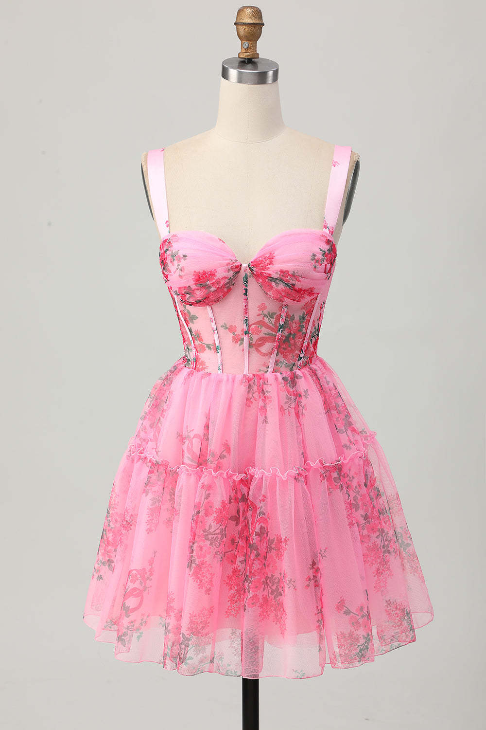 Pink Floral Corset Short A Line Homecoming Dress with Ruffles