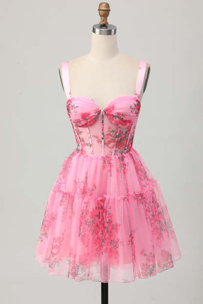 Pink Floral Corset Short A Line Homecoming Dress with Ruffles
