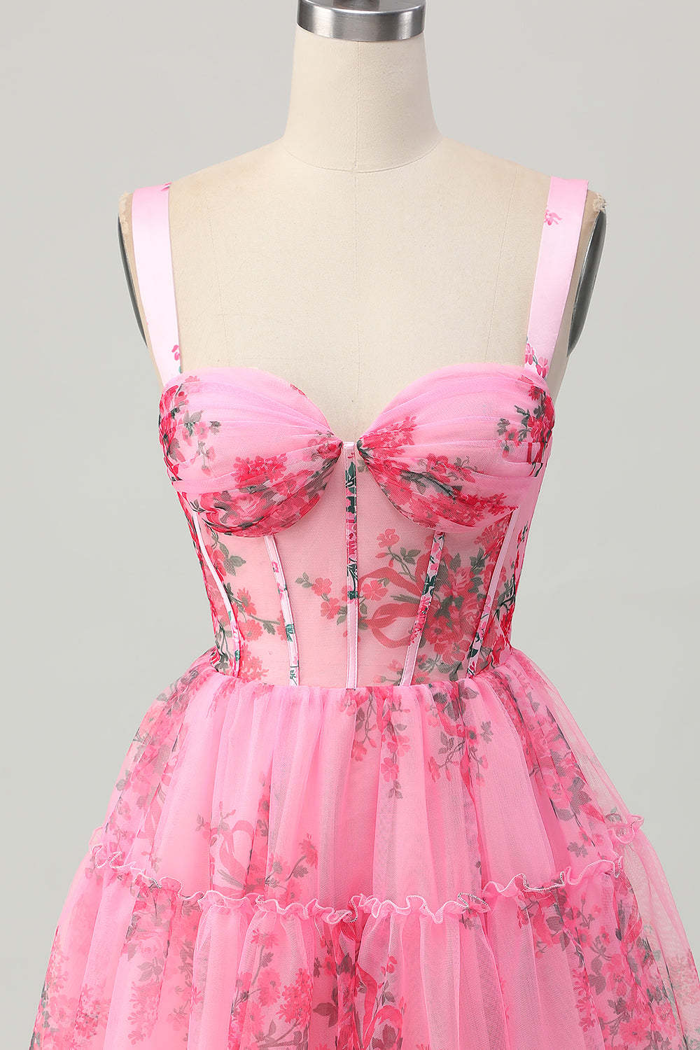 Pink Floral Corset Short A Line Homecoming Dress with Ruffles