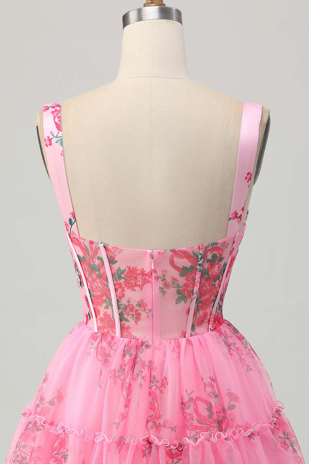 Pink Floral Corset Short A Line Homecoming Dress with Ruffles