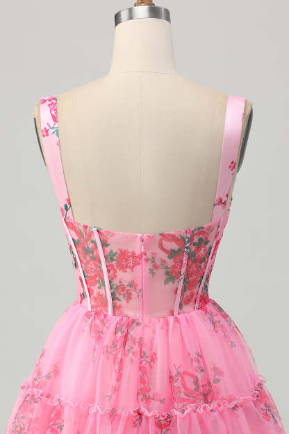 Pink Floral Corset Short A Line Homecoming Dress with Ruffles