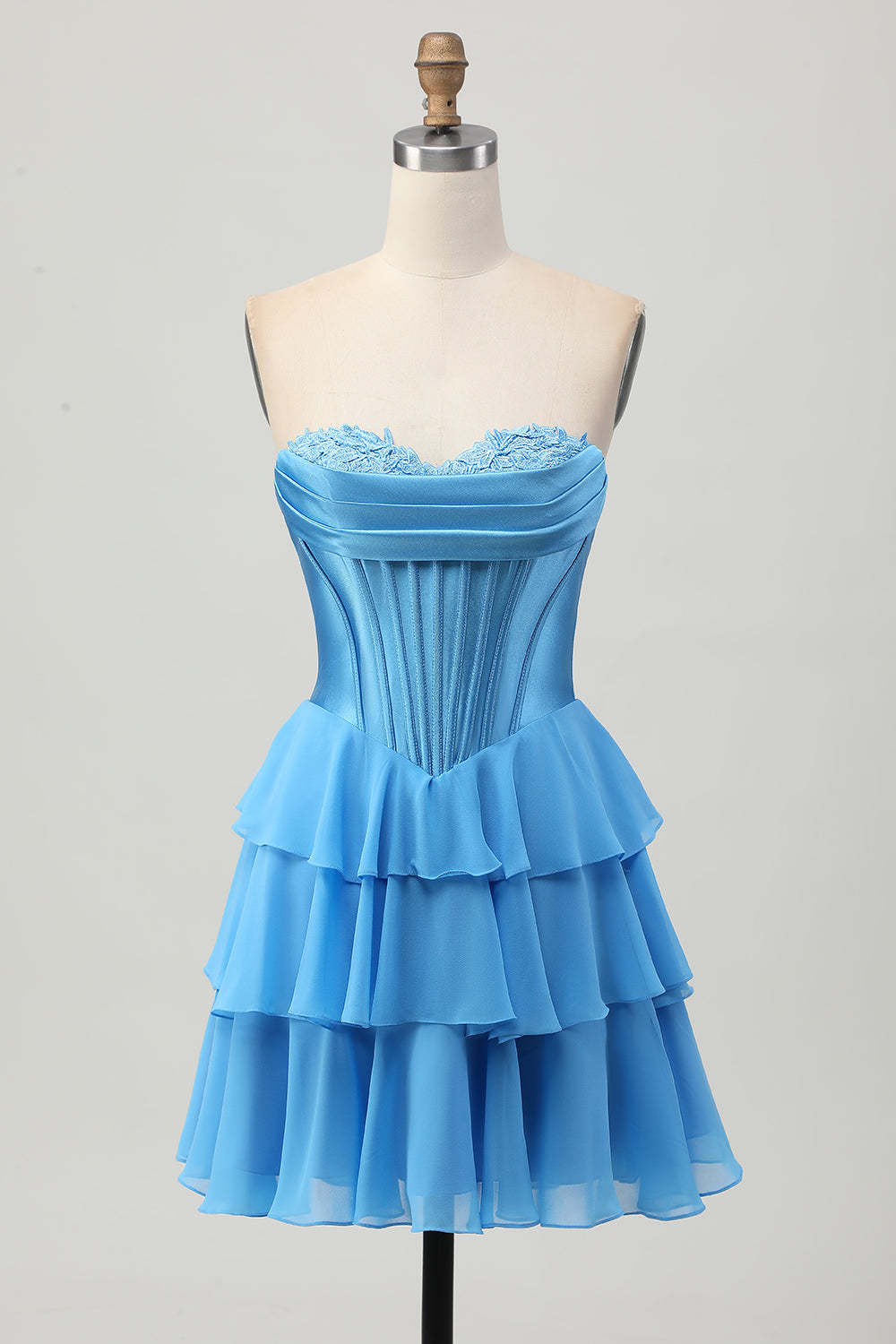 Blue Corset Tiered Sweetheart Short Homecoming Dress with Appliques