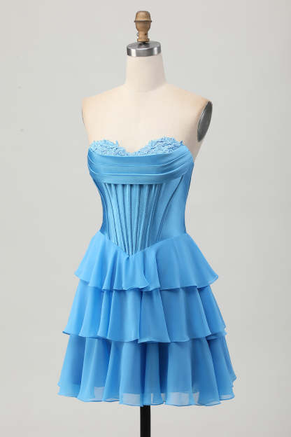 Yellow Sweetheart Corset Short Tiered Homecoming Dress with Appliques