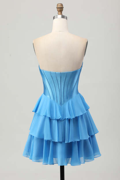 Blue Corset Tiered Sweetheart Short Homecoming Dress with Appliques
