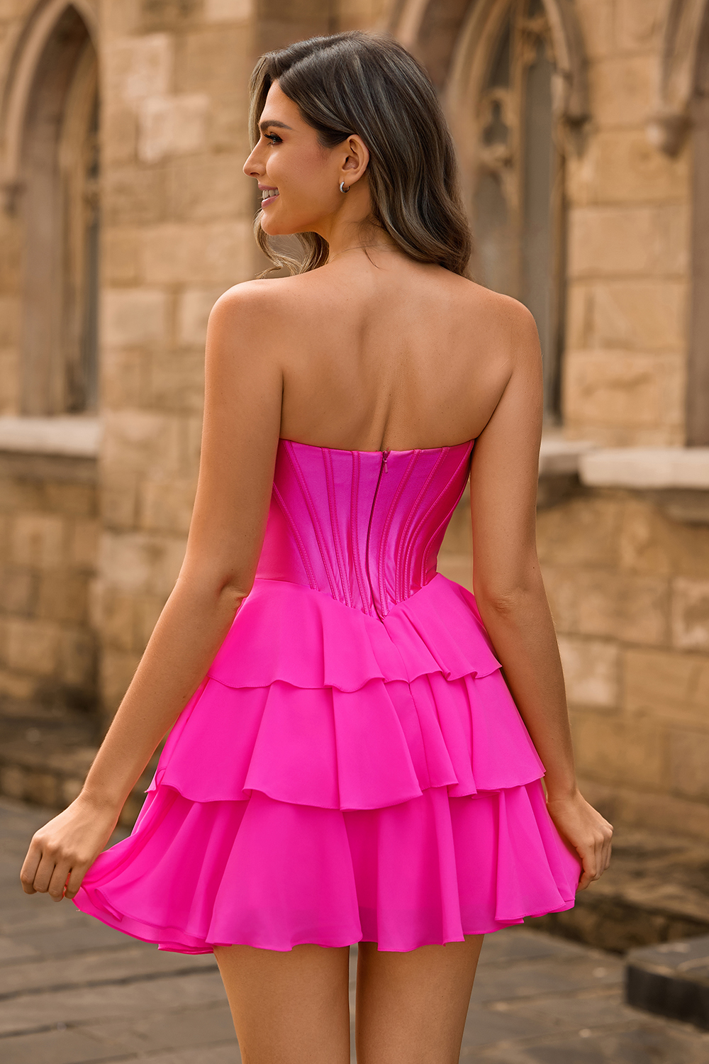 Fuchsia Tiered Sweetheart A Line Appliqued Corset Short Homecoming Dress