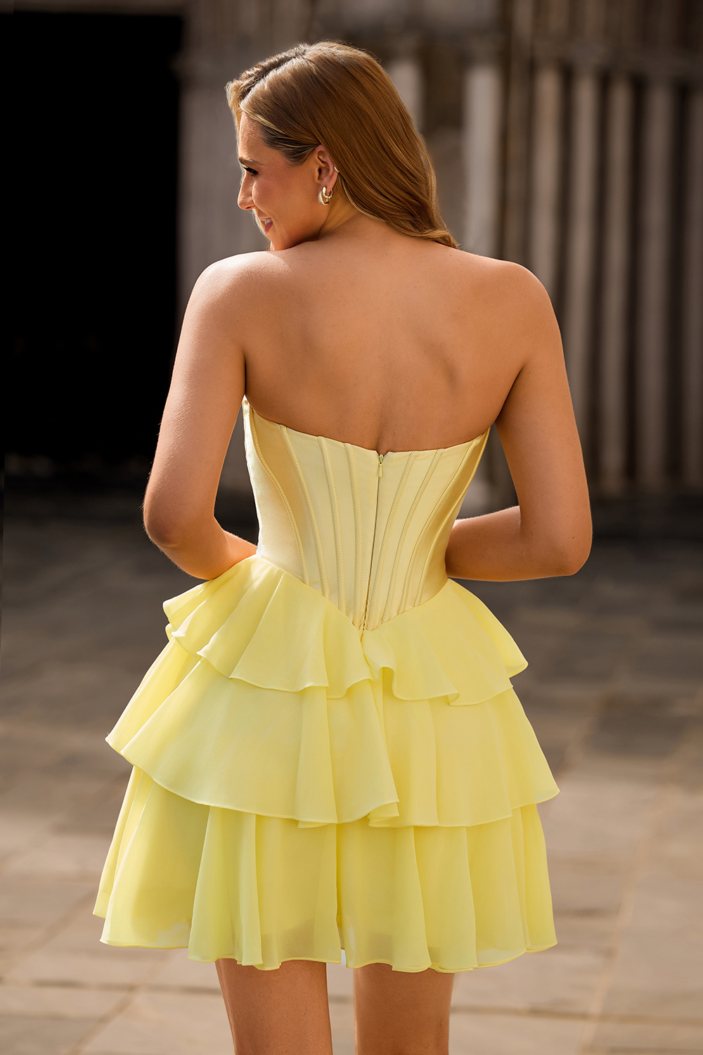 Yellow Sweetheart A Line Appliqued Tiered Corset Short Homecoming Dress