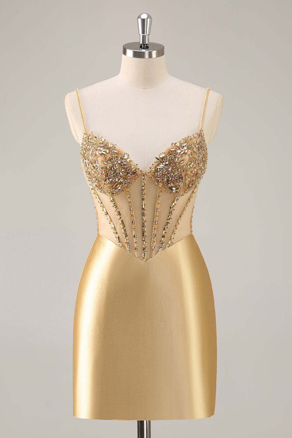 Sparkly Golden Corset Satin Tight Mini Homecoming Dress with Rhinestones