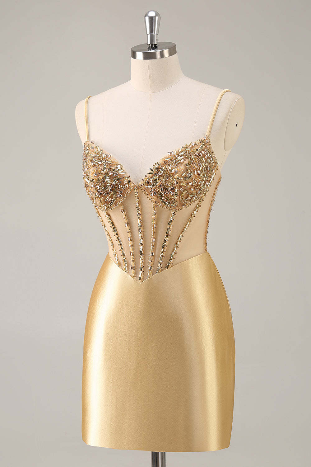 Sparkly Golden Corset Satin Tight Mini Homecoming Dress with Rhinestones