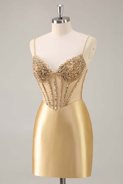 Sparkly Golden Corset Satin Tight Mini Homecoming Dress with Rhinestones