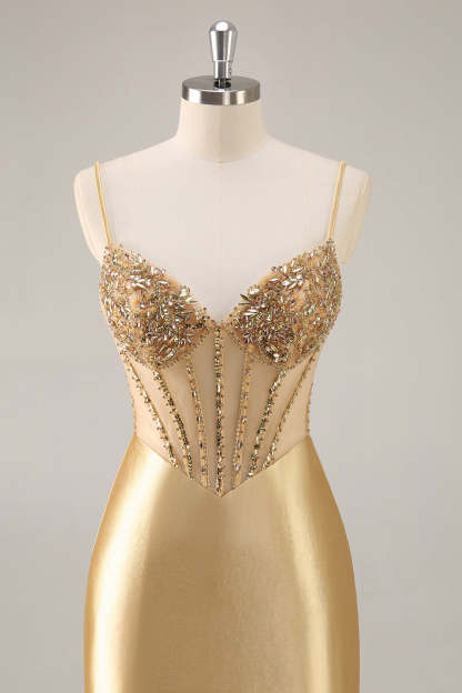 Sparkly Golden Corset Satin Tight Mini Homecoming Dress with Rhinestones