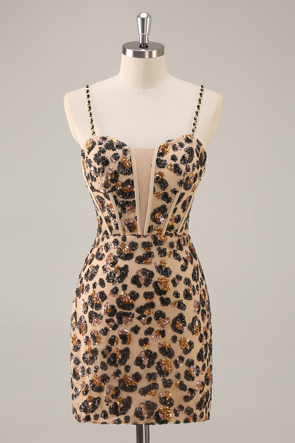 Sparkly Khaki Leopard Sequin Corset Tight Mini Homecoming Dress
