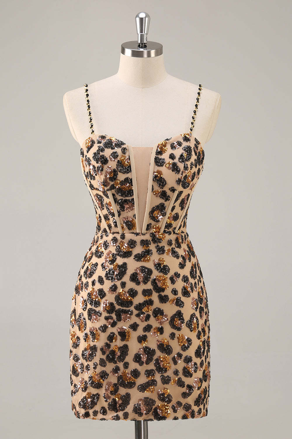 Sparkly Khaki Leopard Sequin Corset Tight Mini Homecoming Dress