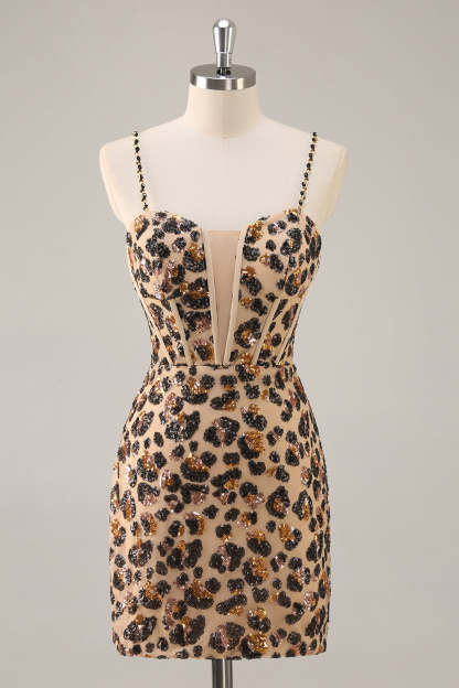 Sparkly Khaki Leopard Sequin Corset Tight Mini Homecoming Dress