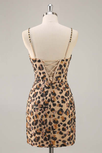 Sparkly Khaki Leopard Sequin Corset Tight Mini Homecoming Dress