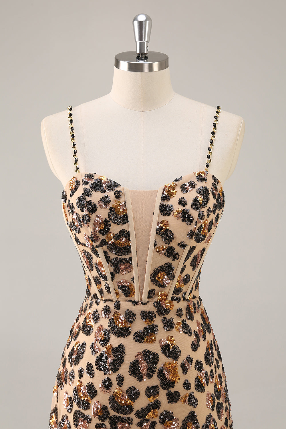 Sparkly Khaki Leopard Sequin Corset Tight Mini Homecoming Dress