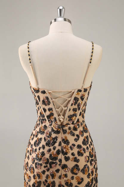 Sparkly Khaki Leopard Sequin Corset Tight Mini Homecoming Dress