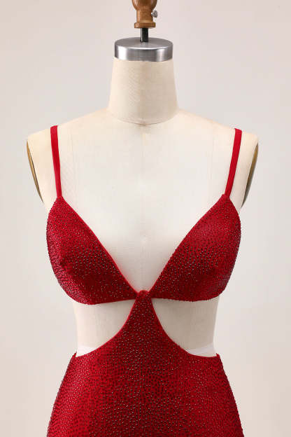 Red Tight Cut Out Short Sparkly Homecoming Dress with Beading