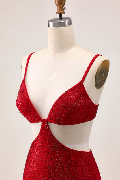 Red Tight Cut Out Short Sparkly Homecoming Dress with Beading