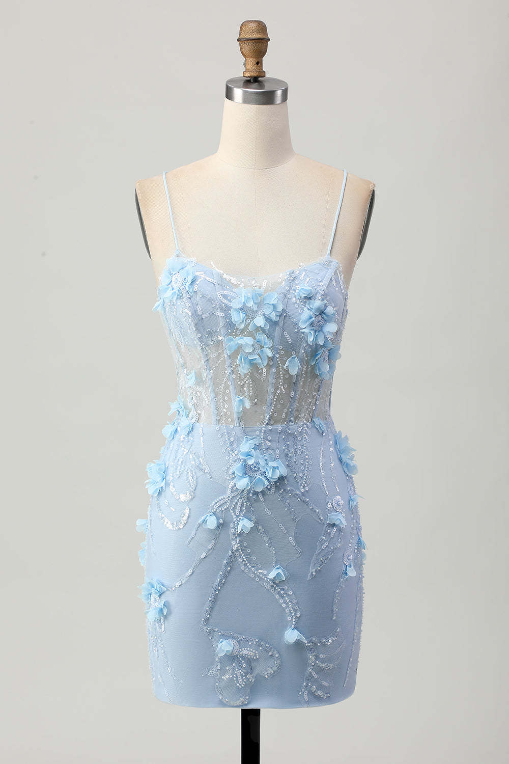 Leely Women Sparkly Blue Tight Floral Short Corset Homecoming Dress with Sequins Appliqued Spaghetti Straps Criss Crossed Back Cocktail Dress