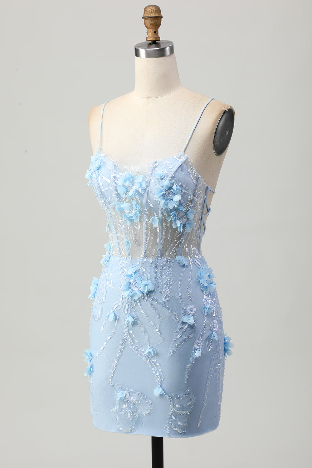 Sparkly Blue Tight Floral Corset Short Appliqued Homecoming Dress with Sequins