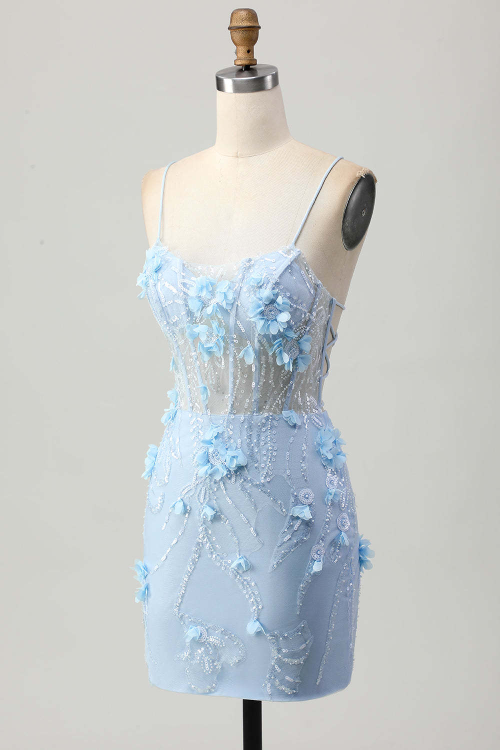 Sparkly Blue Tight Floral Corset Short Appliqued Homecoming Dress with Sequins