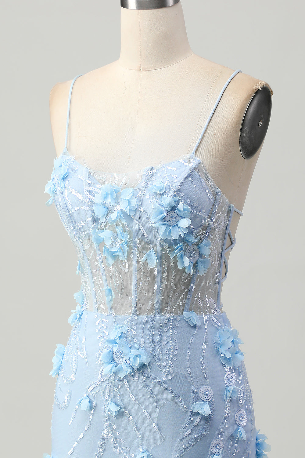 Sparkly Blue Tight Floral Corset Short Appliqued Homecoming Dress with Sequins