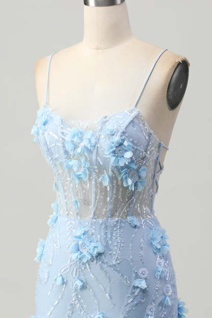 Sparkly Blue Tight Floral Corset Short Appliqued Homecoming Dress with Sequins