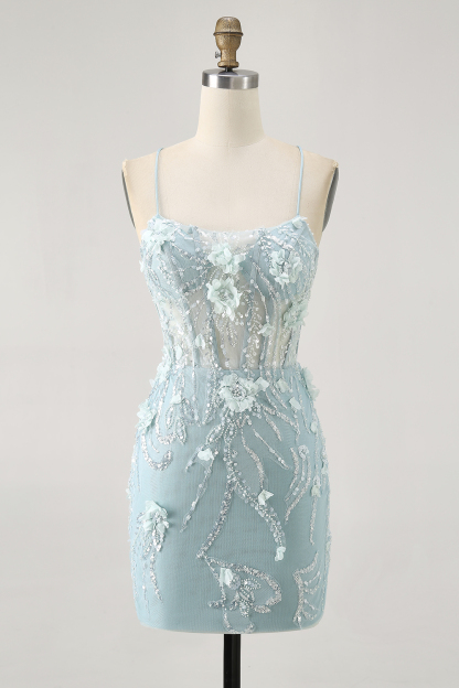 Sparkly Blue Tight Floral Corset Short Appliqued Homecoming Dress with Sequins