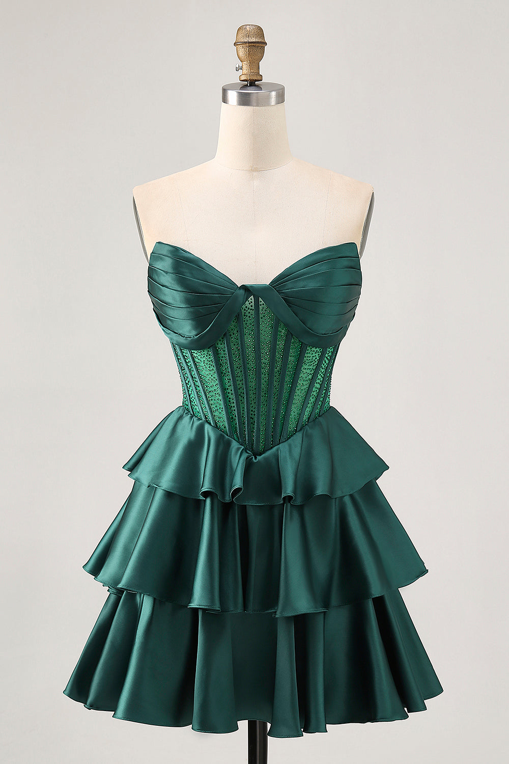 Sparkly Dark Green Tiered Short Corset Homecoming Dress with Beading