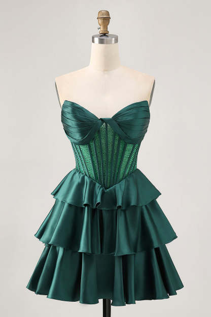 Leely Women Sparkly Dark Green Short Corset Homecoming Dress with Beading Satin Strapless Tiered A Line Cocktail Dress with Ruffles