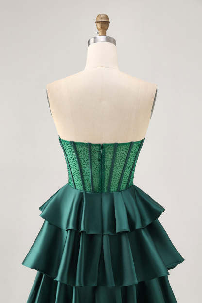 Sparkly Dark Green Tiered Short Corset Homecoming Dress with Beading