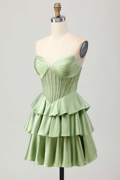 Sparkly Green Corset Ruffled Short Homecoming Dress with Beading