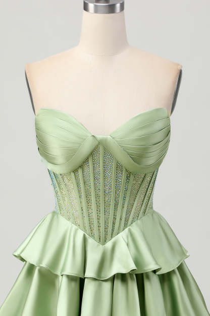 Sparkly Green Corset Ruffled Short Homecoming Dress with Beading