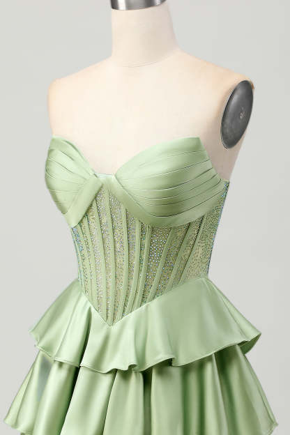 Sparkly Green Corset Ruffled Short Homecoming Dress with Beading