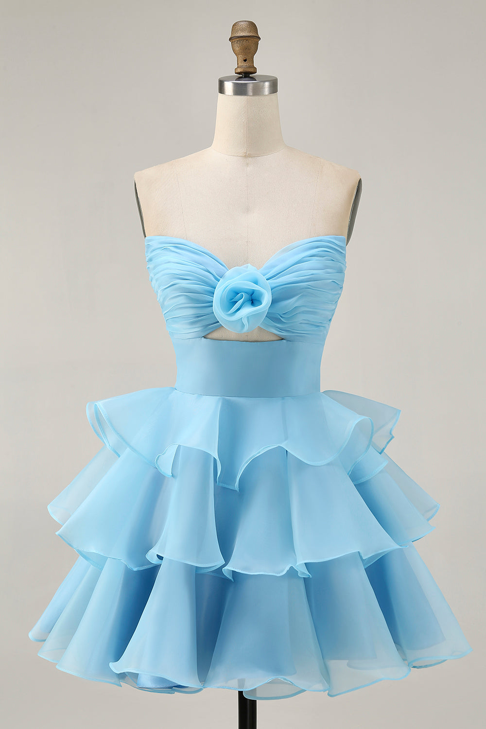 Blue Floral Strapless Ruched Short Tiered Homecoming Dress with Ruffles