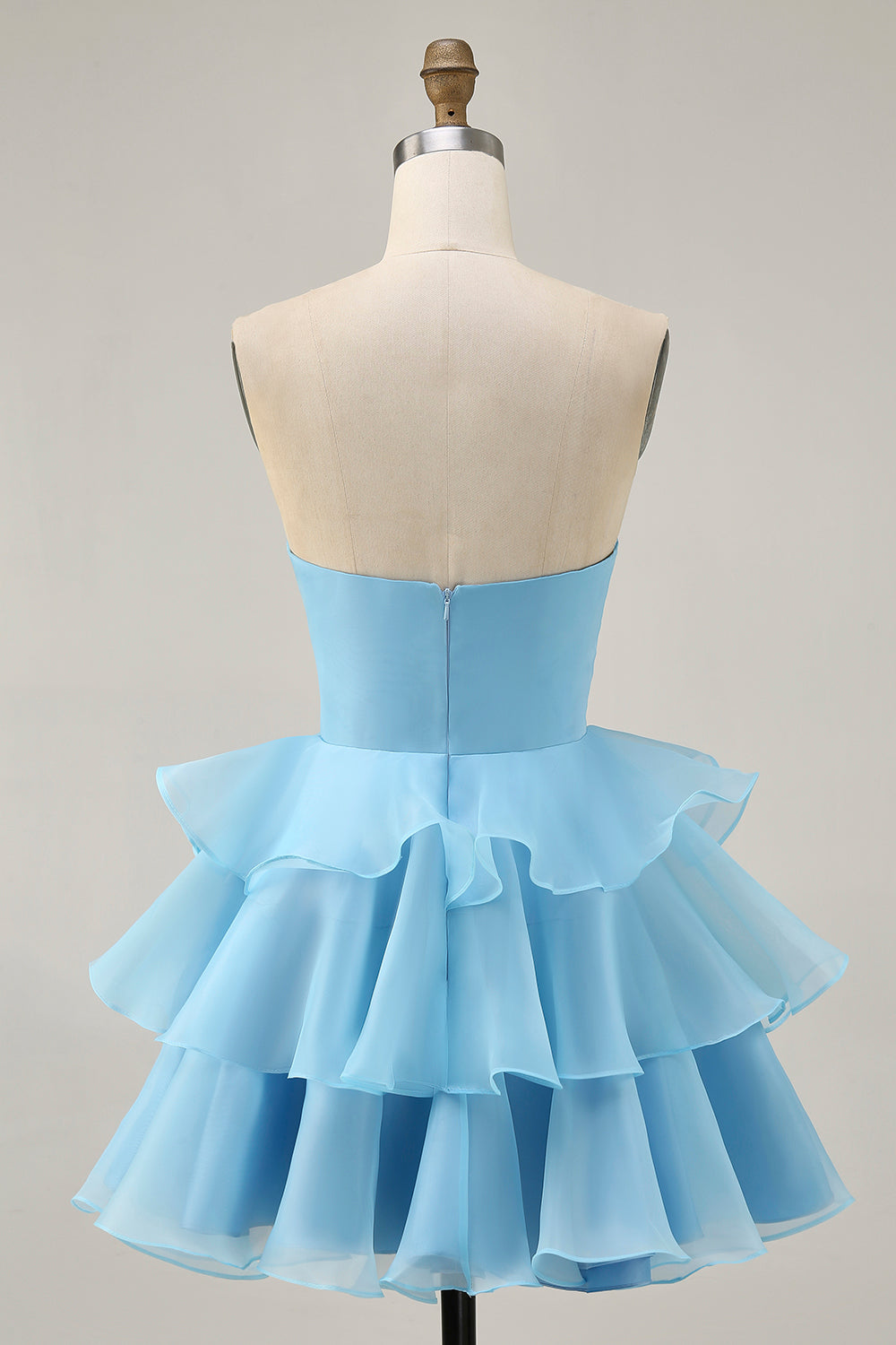 Blue Floral Strapless Ruched Short Tiered Homecoming Dress with Ruffles