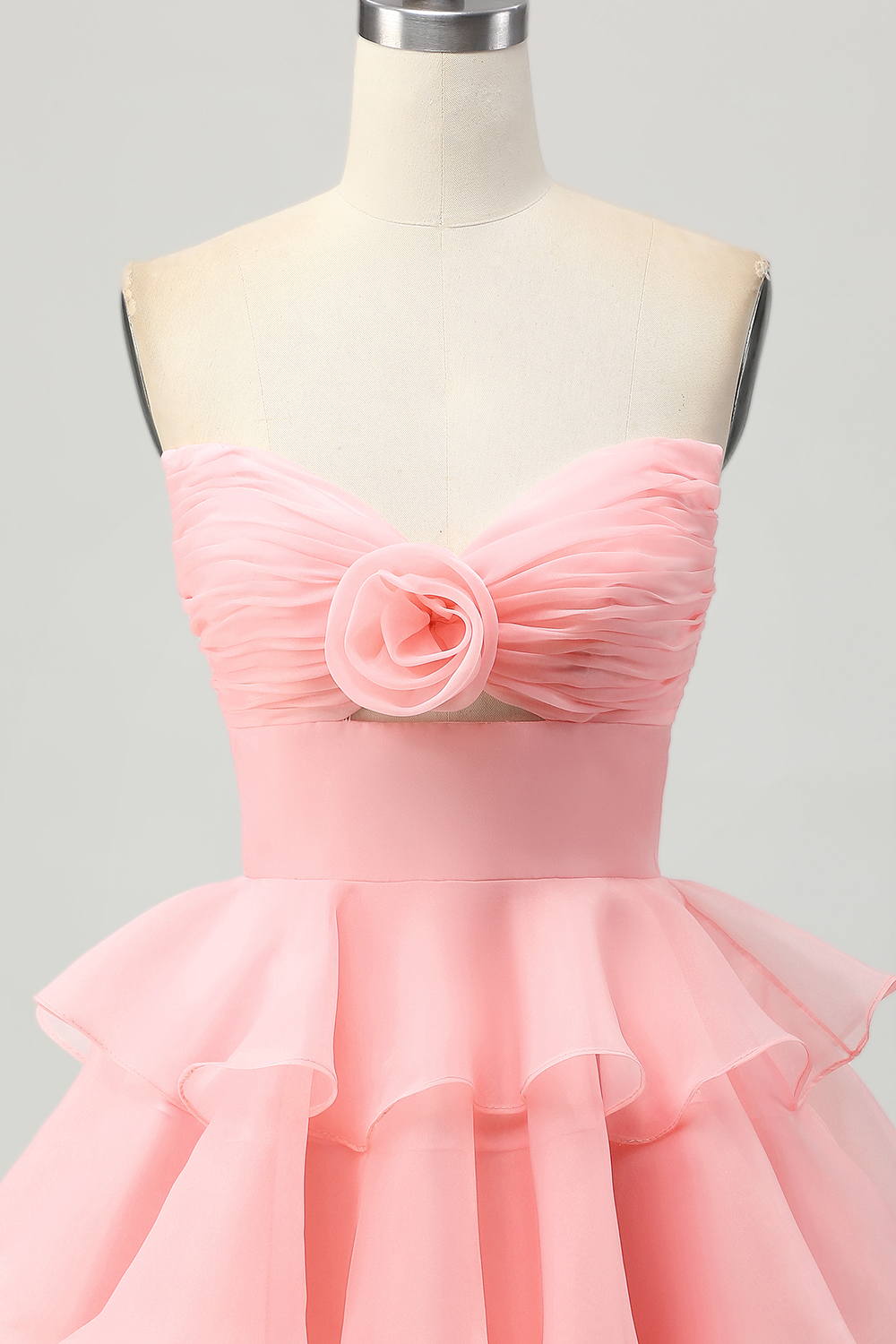 Blush Floral Strapless Tiered Short Homecoming Dress with Ruffles