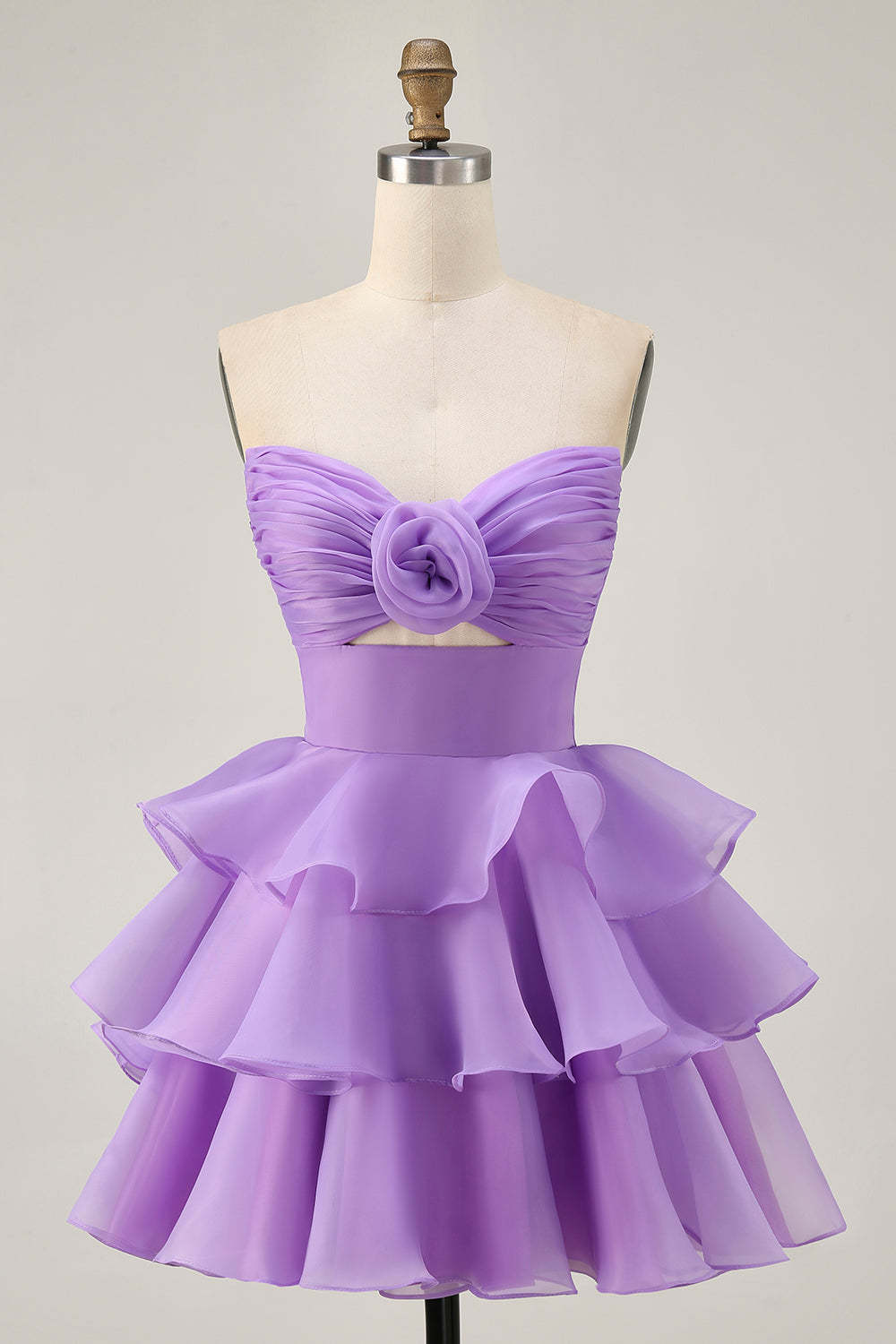Leely Women Purple Tiered Short Homecoming Dress with Ruffles Strapless Ruched A Line Cut Out Cocktail Dress