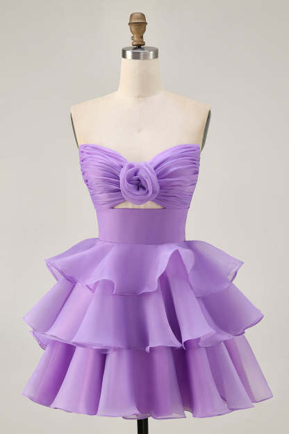 Leely Women Purple Tiered Short Homecoming Dress with Ruffles Strapless Ruched A Line Cut Out Cocktail Dress