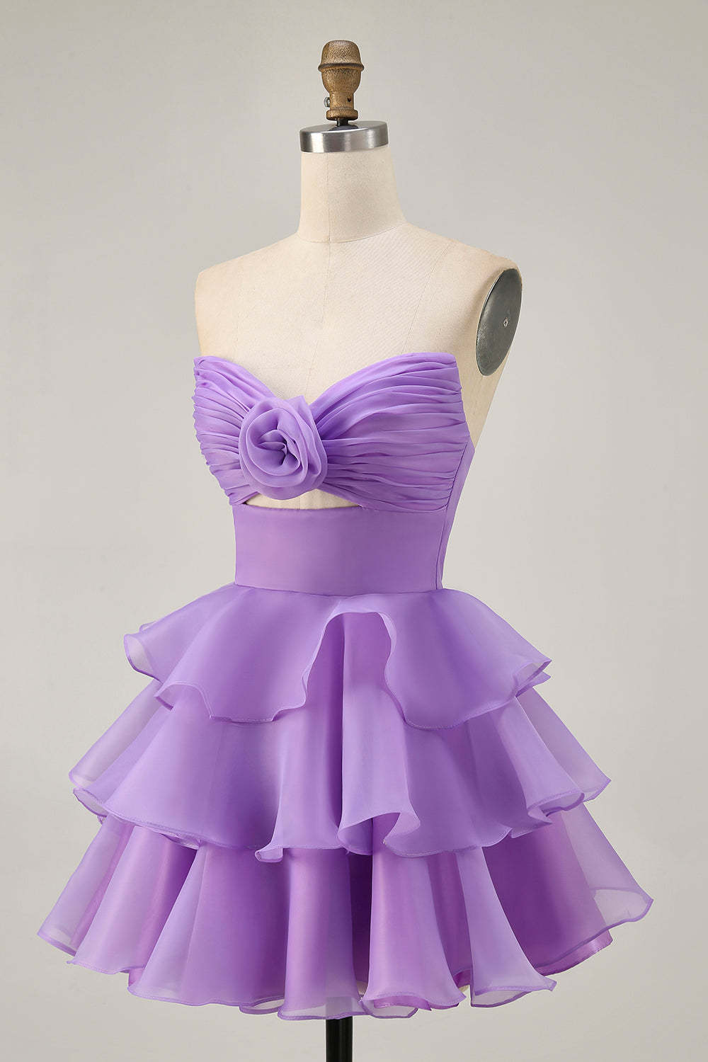Purple Strapless A Line Short Tiered Homecoming Dress with Ruffles